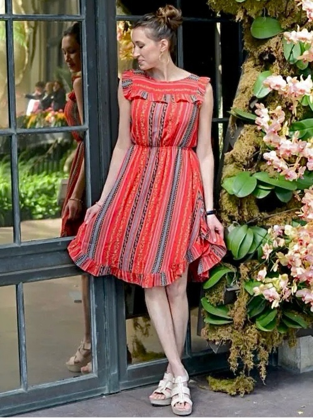 Loft Red Floral Stripe Ruffle Midi Dress Sz Small